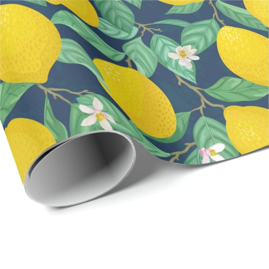 Yellow Green Navy Blue Lemon Muster Geschenkpapier (Rolleneckpunkt)