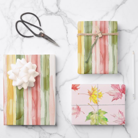 Yellow Green Pink Orange Stripes Leaves Birthday Geschenkpapier Set (Vorderseite)