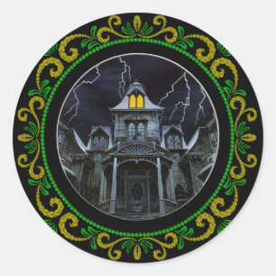 Yellow Green Spuk House Halloween Runder Aufkleber