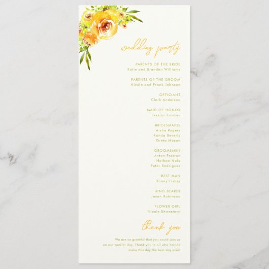 Yellow Green Summer Floral Vibrant Bloom Wedding Programm (Rückseite)
