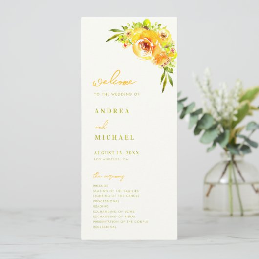 Yellow Green Summer Floral Vibrant Bloom Wedding Programm (Stehend Vorderseite)