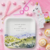 Yellow Green Watercolor Landschaft Hills Weddin Pappteller (Party)