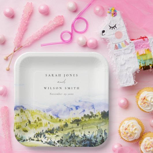 Yellow Green Watercolor Landschaft Hills Weddin Pappteller (Party)