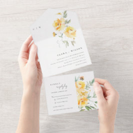 Yellow Green Watercolor Rose Blume Hochzeit All In One Einladung