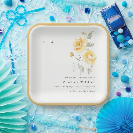 Yellow Green Watercolor Rose Blume Hochzeit Pappteller (Party)