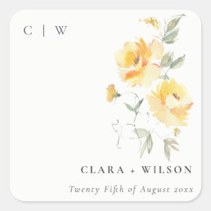 Yellow Green Watercolor Rose Blume Hochzeit Quadratischer Aufkleber