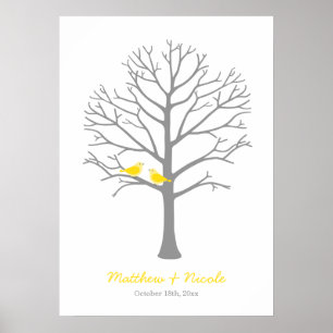 Yellow Grey Birds Fingerprint Tree Wedding Poster