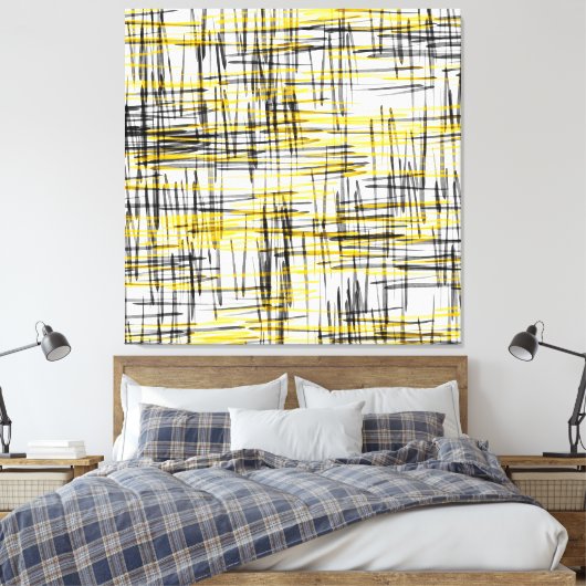 'Yellow Grey Black Scribbles' Wasserfarbe Abstrakt Leinwanddruck (Insitu (Schlafzimmer))