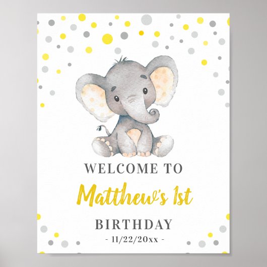 Yellow Grey Elephant Polka Dot Birthday Willkommen Poster (Vorne)