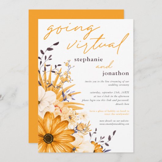 Yellow Grey Florals Watercolor Virtual Wedding Einladung (Vorne/Hinten)