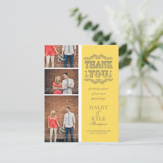 Yellow & Grey Foto Wedding Danke Post Card Postkarte (Stehend Vorderseite)