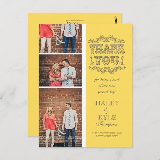 Yellow & Grey Foto Wedding Danke Post Card Postkarte (Vorne/Hinten)