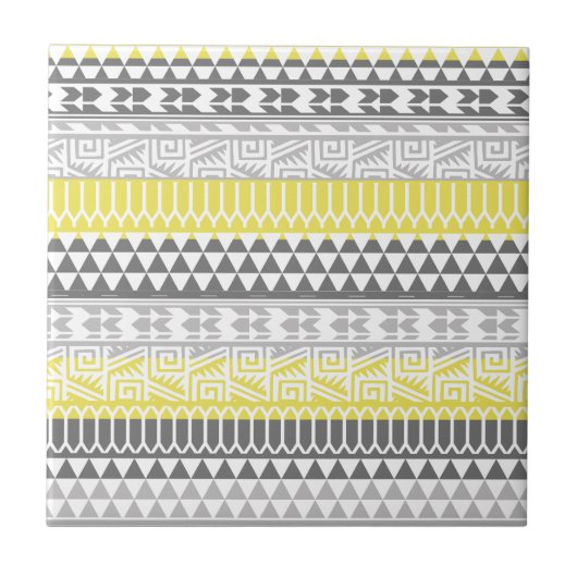 Yellow Grey Geometric Aztec Tribal Print Pattern Fliese (Vorderseite)