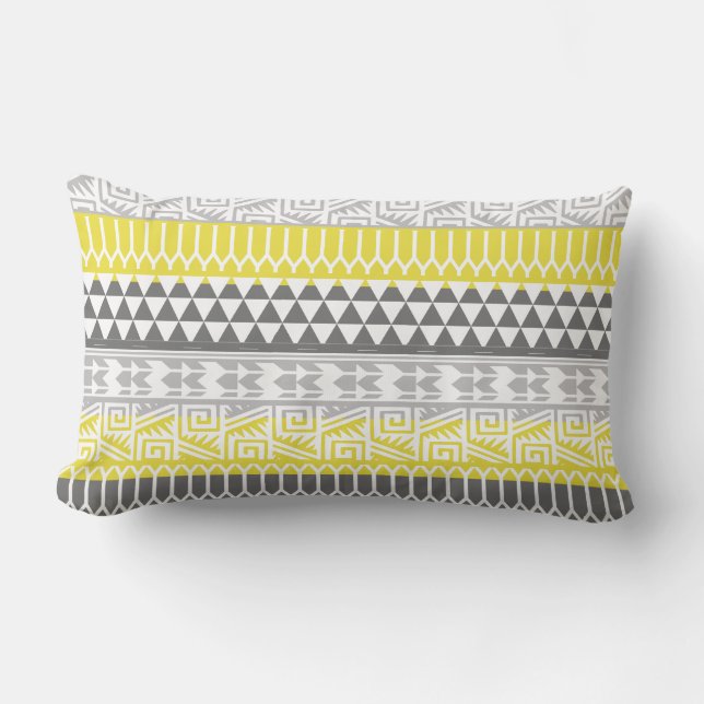 Yellow Grey Geometric Aztec Tribal Print Pattern Lendenkissen (Vorderseite)