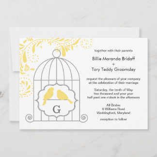 Yellow Grey Liebe Birdcage Wedding Monogram Einladung