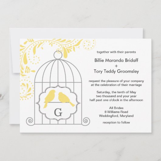 Yellow Grey Liebe Birdcage Wedding Monogram Einladung (Vorderseite)