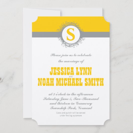 Yellow Grey Monogram Wedite oder irgendeine Farbe Einladung (Vorderseite)