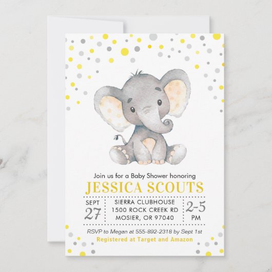 Yellow Grey Neutral Polka Dot Elephant Baby Dusche Einladung (Vorderseite)