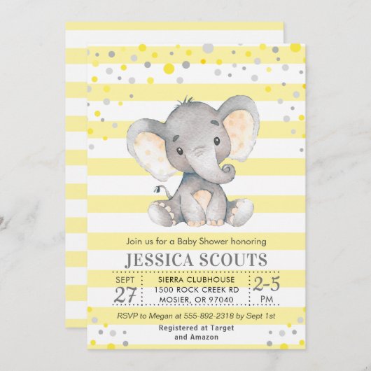 Yellow Grey Neutral Polka Dot Elephant Baby Dusche Einladung (Vorne/Hinten)