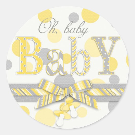 Yellow & Grey Polka Dots Baby Dusche Runder Aufkleber (Vorderseite)