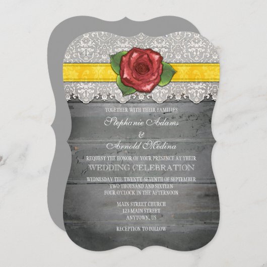 Yellow Grey Rustic Wood Rose Hochzeit Einladung (Vorne/Hinten)