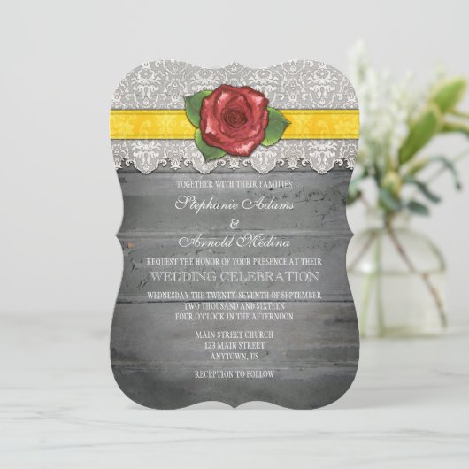 Yellow Grey Rustic Wood Rose Hochzeit Einladung (Stehend Vorderseite)