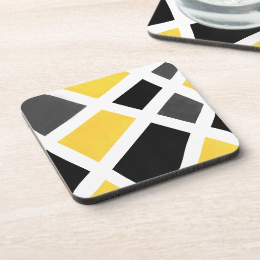 Yellow Grey Schwarz-weiß Geometric Getränkeuntersetzer (Linke Seite)