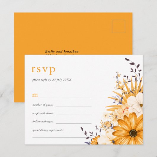 Yellow Grey Watercolor Florals Wedding RSVP Einladungspostkarte (Vorne/Hinten)