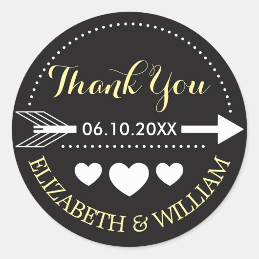 Yellow Grey Wedding Sticker Danke Arrow Hearts (Vorderseite)