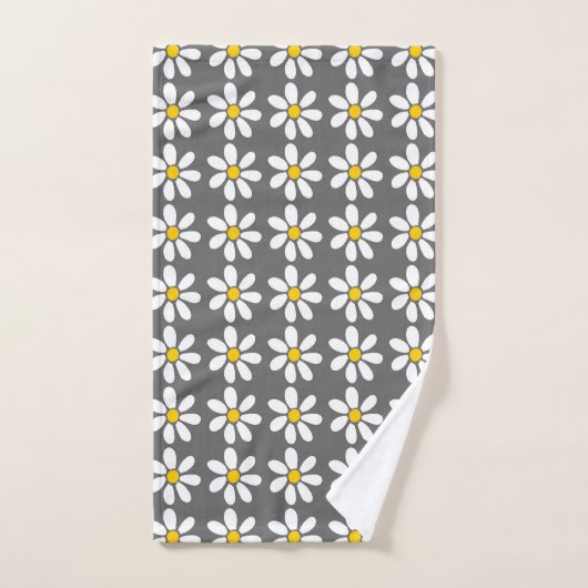 Yellow Grey White Daisy Pattern Badhandtuch Set (Handtuch)