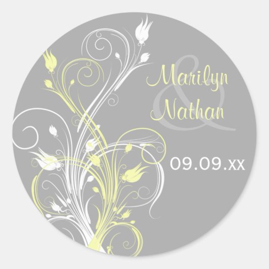 Yellow Grey White Floral 1,5" Hochzeitsaufkleber Runder Aufkleber (Vorderseite)
