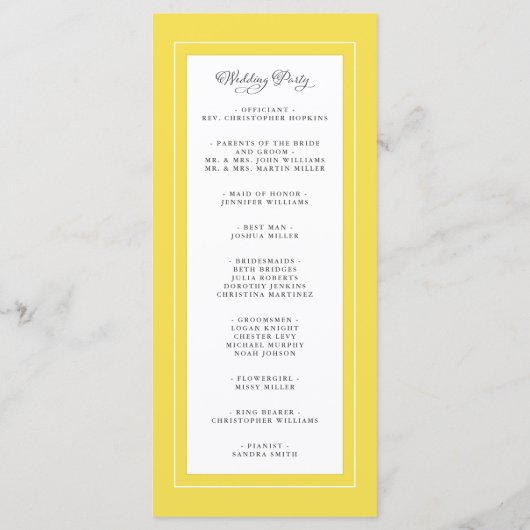 Yellow Grey White Wedding Service Zeremonie Elegan Programm (Rückseite)