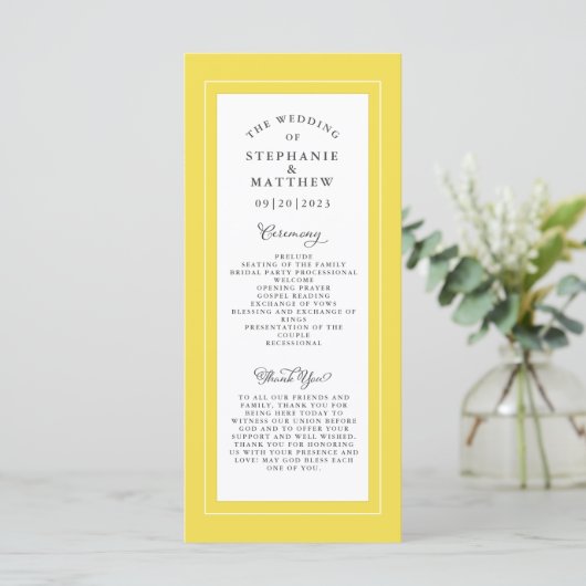 Yellow Grey White Wedding Service Zeremonie Elegan Programm (Stehend Vorderseite)