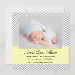 Yellow Grey Zickzack Girl Foto Geburtsankündigung Ankündigung