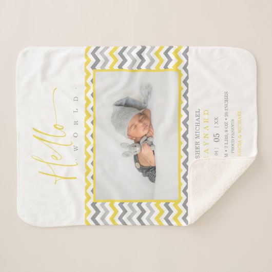 Yellow Grey Zigzag Stripes Hello World Quote Photo Sherpadecke (Vorderseite (Horizontal))