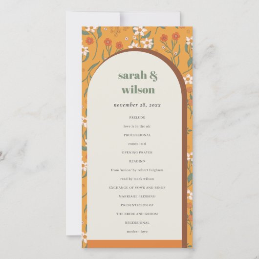 Yellow Groovy Retro Arch Floral Wedding Program Dankeskarte (Vorderseite)