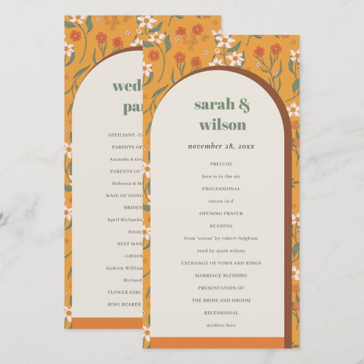 Yellow Groovy Retro Arch Floral Wedding Program Dankeskarte (Vorne/Hinten)