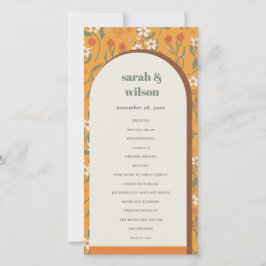 Yellow Groovy Retro Arch Floral Wedding Program Dankeskarte