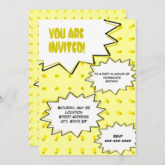 Yellow Halftone Pop Art Comic Inspiriert Einladung (Vorne/Hinten)