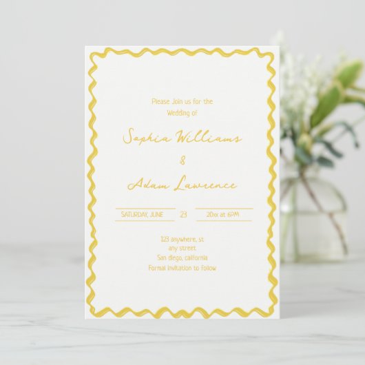 Yellow Hand Written Pinstripes Whimsical Wedding Einladung (Stehend Vorderseite)