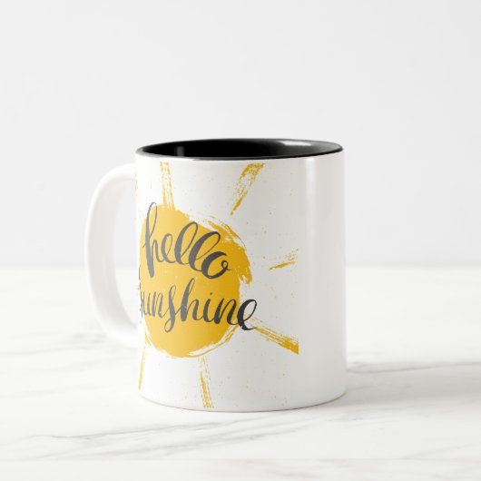 Yellow HandDrawn Sun Hello Sunshine Image Text Art Zweifarbige Tasse (Vorderseite Links)