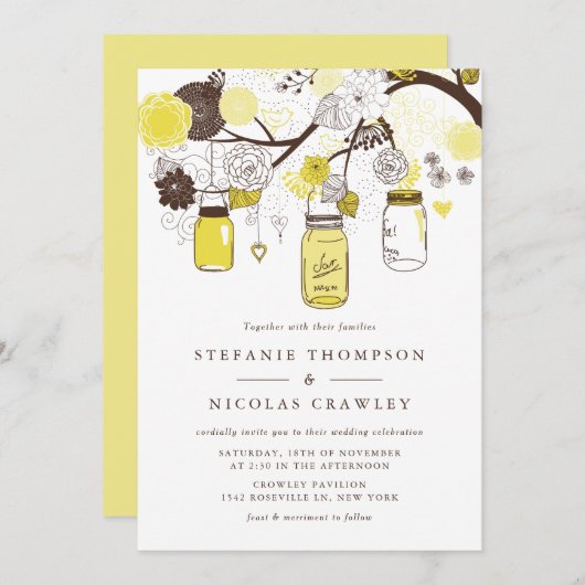 Yellow Hanging Mason Jars Wedding Einladung (Vorne/Hinten)