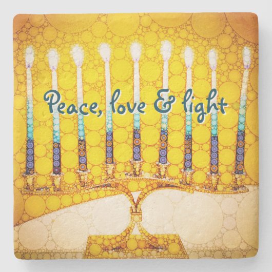 Yellow Hanukkah Menorah Peace Liebe Light Modern Steinuntersetzer (Vorderseite)