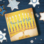 Yellow Hanukkah Menorah Peace Liebe Light Modern Steinuntersetzer