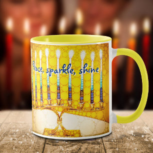 Yellow Hanukkah Menorah Peace Sparkle Shine Script Tasse