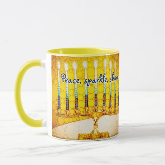 Yellow Hanukkah Menorah Peace Sparkle Shine Script Tasse (Links)