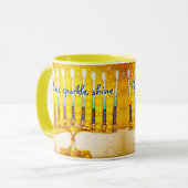 Yellow Hanukkah Menorah Peace Sparkle Shine Script Tasse (Vorderseite Links)