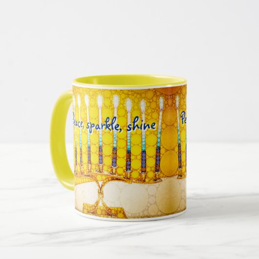 Yellow Hanukkah Menorah Peace Sparkle Shine Script Tasse (Vorderseite Links)