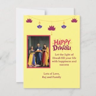 Yellow Happy Diwali mit Family Foto Feiertagskarte