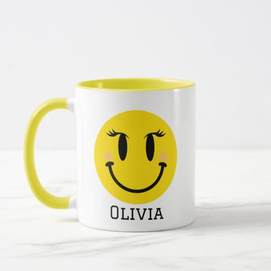 Yellow Happy Girly Face, Fun Personalisiert Tasse (Links)
